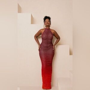 Ofuure Halter Ombre Ruched Bodycon Dress in Burgundy Red